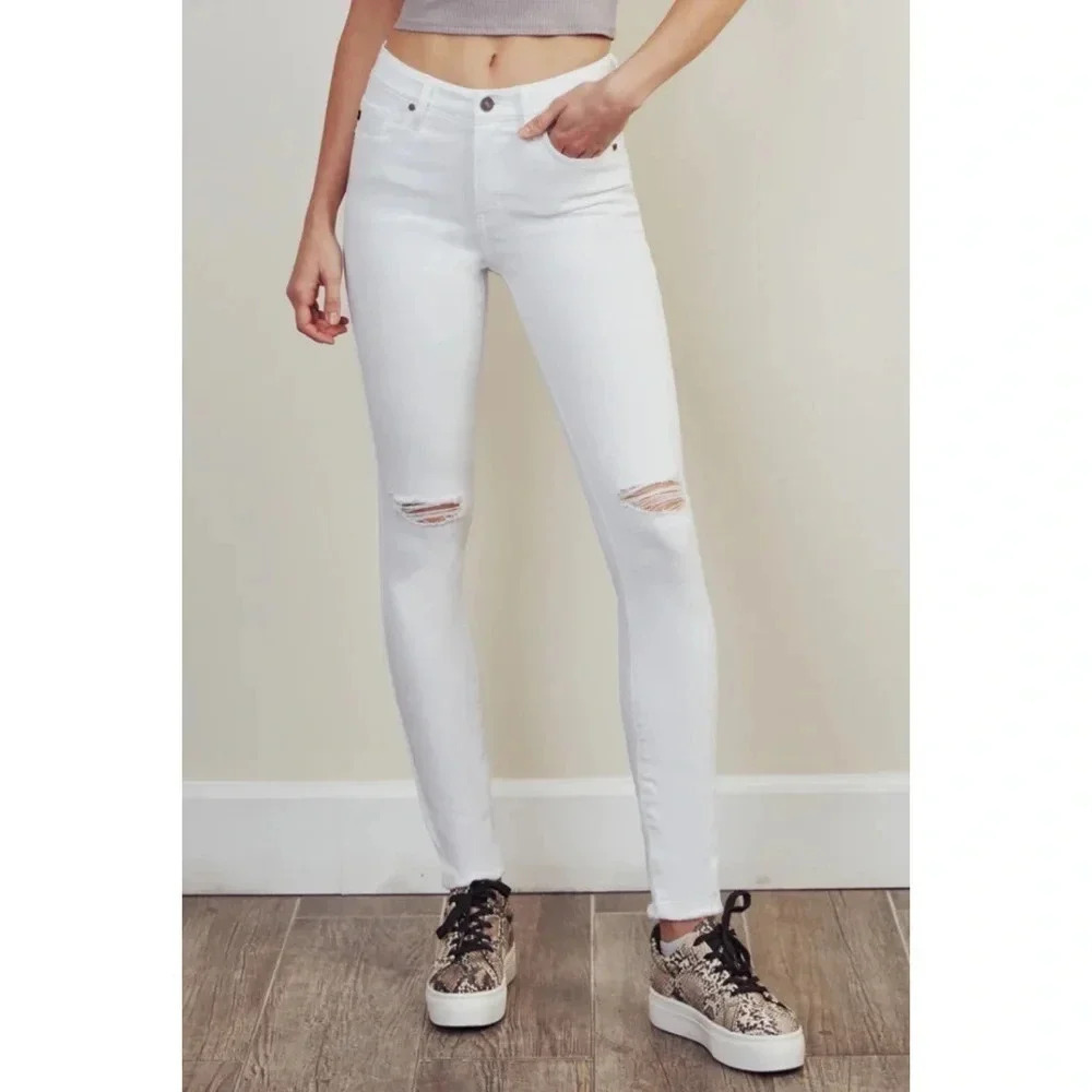 KanCan High Rise Ankle Skinny Distressed Jeans White Stretch Women's Size 25